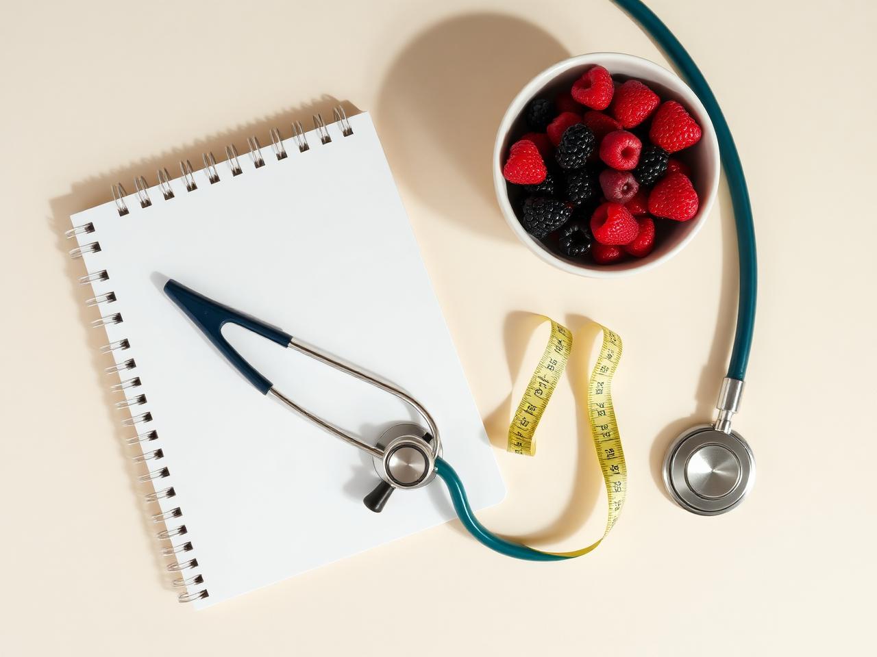 Clinical tools, notebook and berries representing nutrition consultation