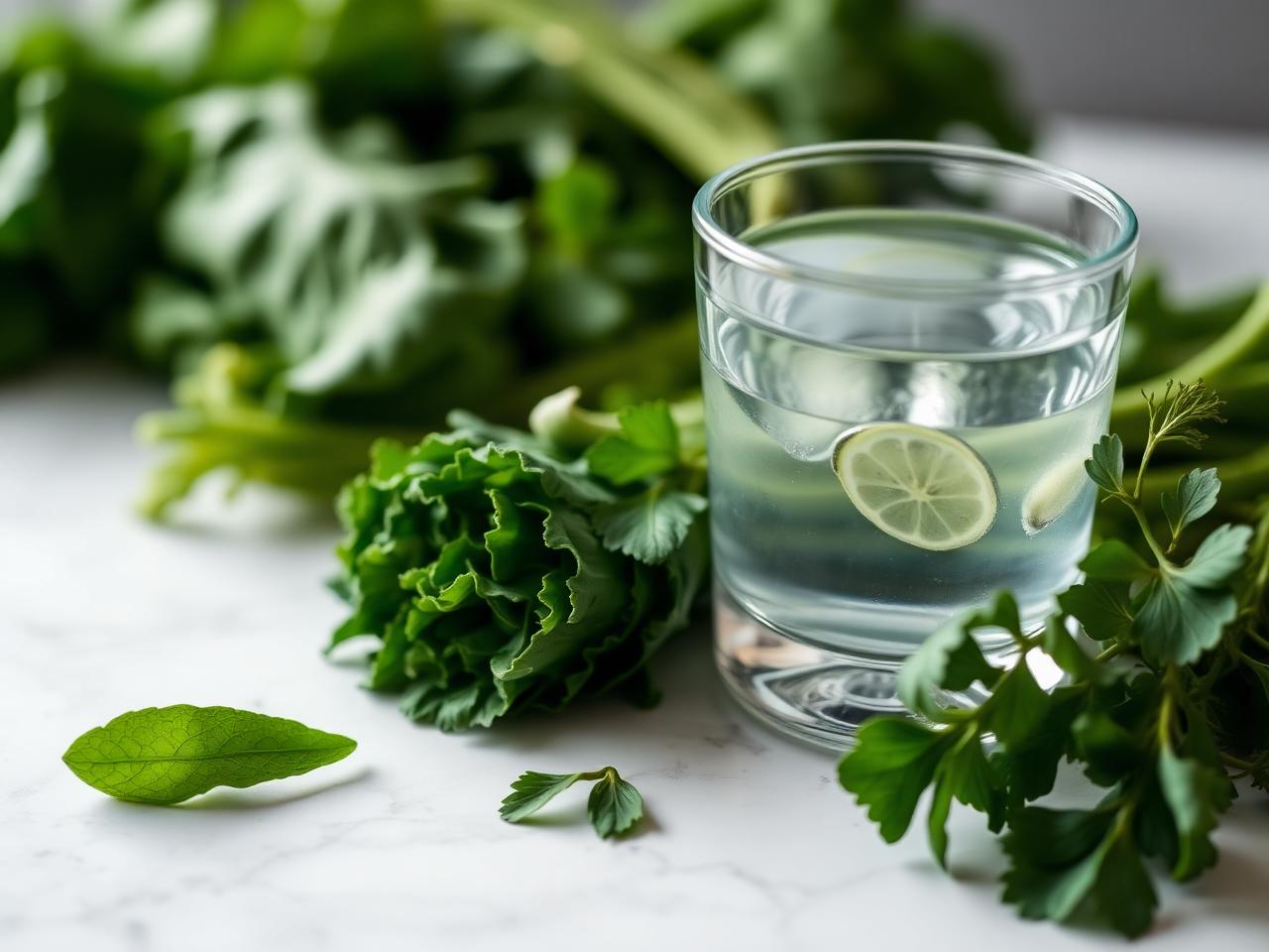 Fresh greens and hydration on a clean surface