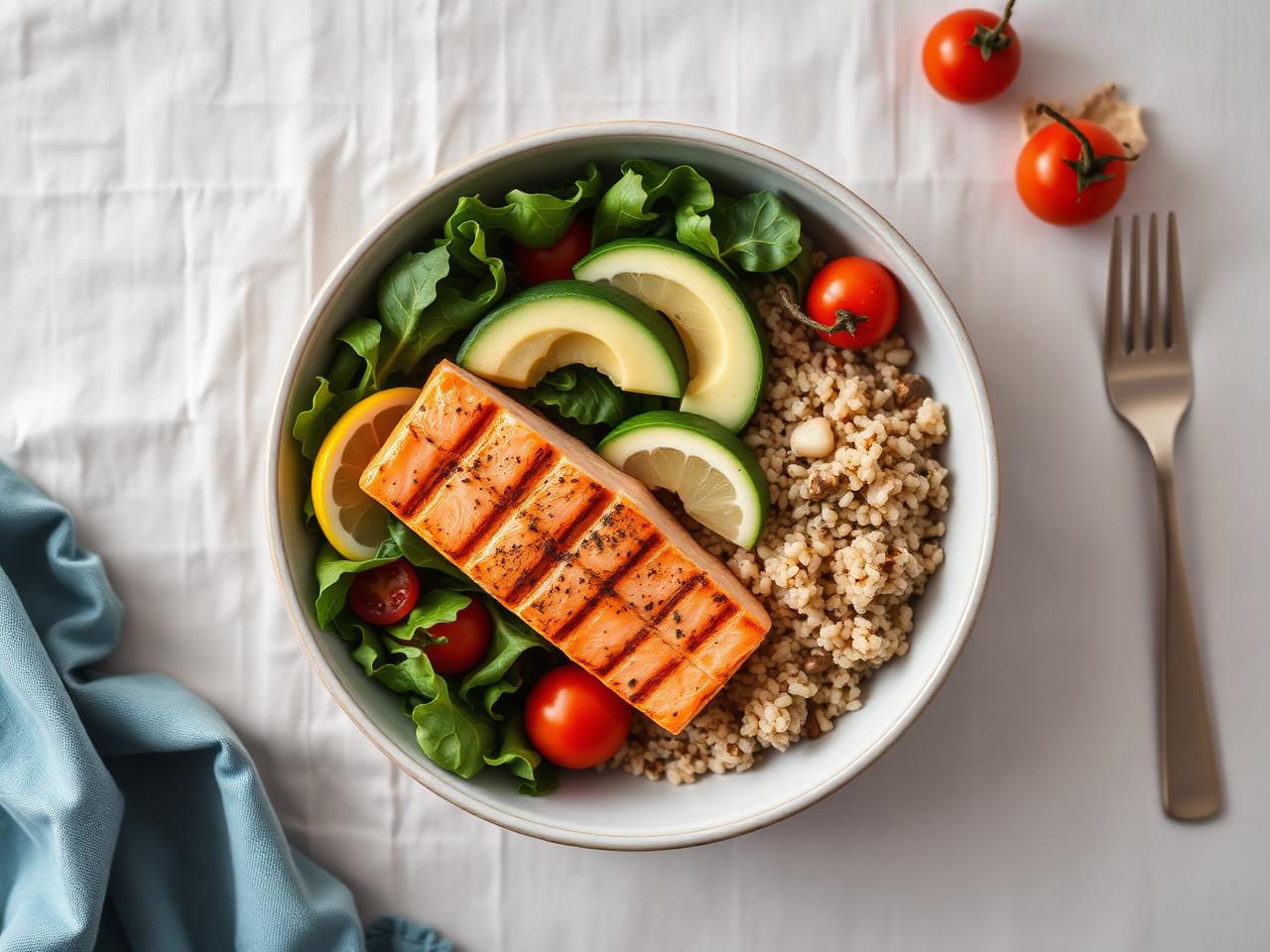 A balanced healthy meal bowl with salmon, greens and quinoa